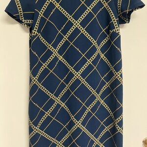 Elegant Navy Chain Pattern Midi Dress